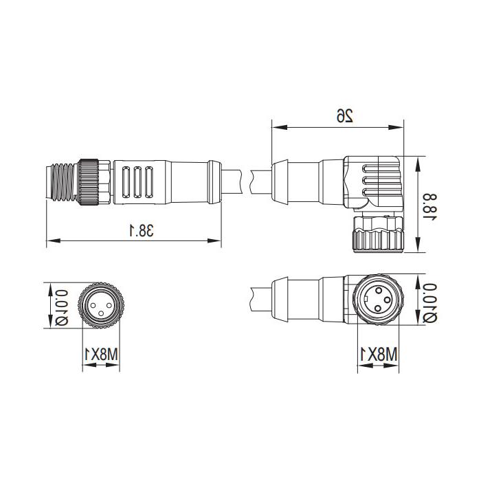 M8 3Pin、母头90°转公头直型、双端预铸PVC非柔性电缆、灰色护套、63D063-XXX