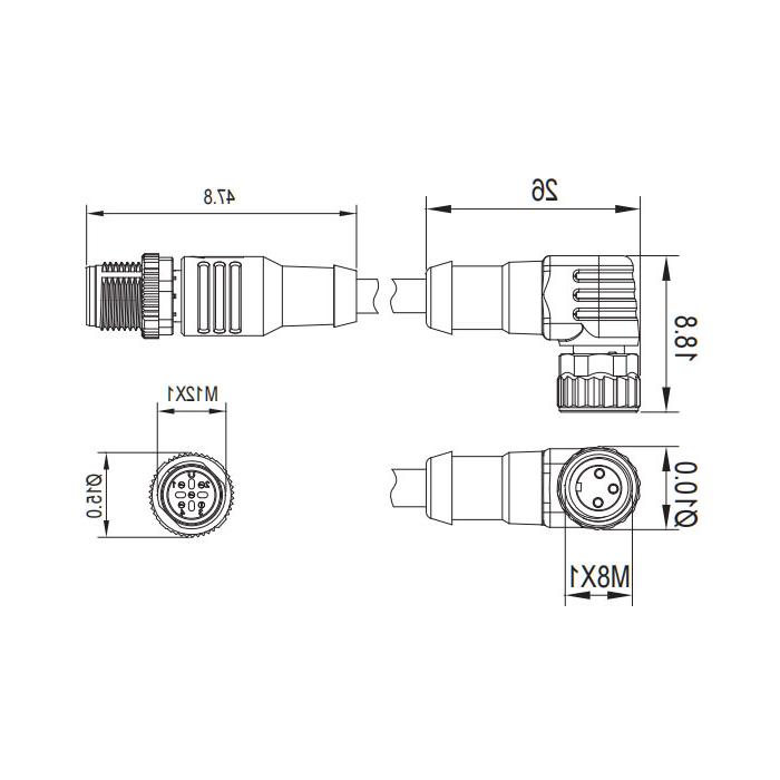 M8转M12 3Pin、M8母头90°转M12公头直型、双端预铸PVC非柔性电缆、灰色护套、63D223-XXX 