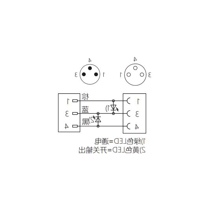 M8 3Pin、母头90°带LED灯转公头直型、双端预铸PVC非柔性电缆、灰色护套、63D083-XXX 