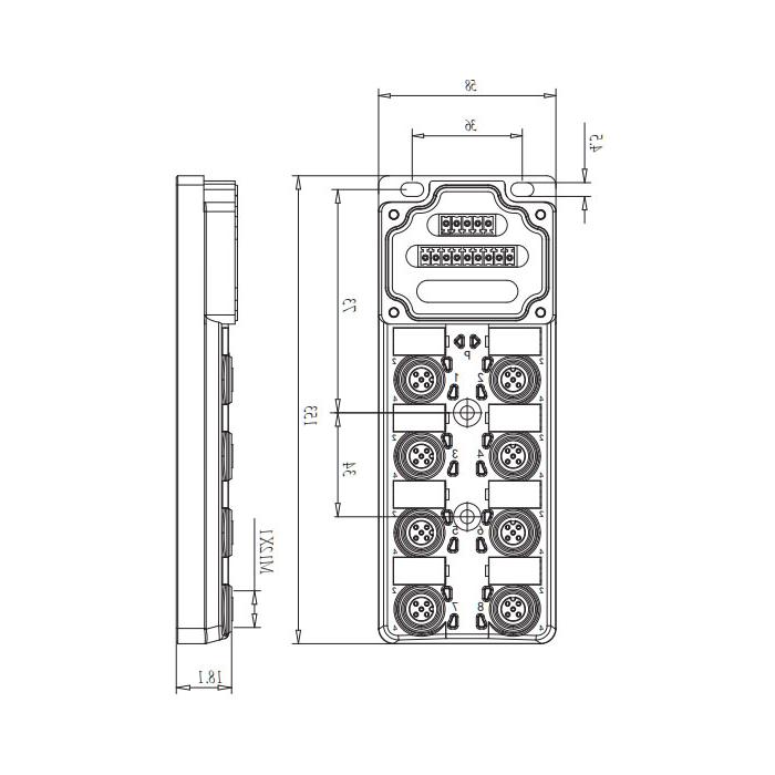 M12分线盒、单通道、Without LED、8端口分体式、PCB端子、24W80E